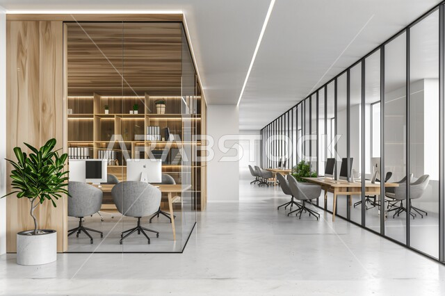 Sophisticated wooden interior designs and decorations in a modern style, large glass facades in work offices, elegant and comfortable furniture, modern modern designs for offices of Saudi companies.