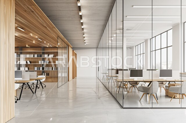 تصاميم عصرية حديثة لمكاتب الشركات السعودية، تصاميم داخلية وديكورات راقية خشبية على الطراز الحديث، واجهات زجاجية كبيرة في مكاتب العمل، أثاث أنيق ومريح