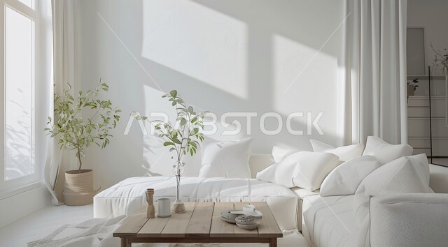 تصميم داخلي فاخر لغرفة الجلوس، الاهتمام بنباتات الزينة الخضراء، غرفة معيشة بتصاميم عصرية وأثاث منزلي أبيض راقي، ديكورات الشقق السكنية في المملكة العربية السعودية