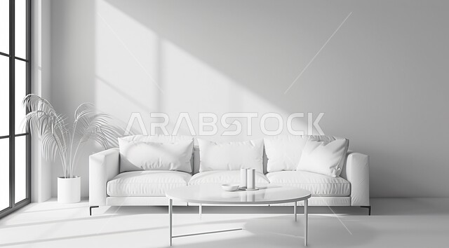 تصميم داخلي فاخر لغرفة الجلوس، الاهتمام بنباتات الزينة الخضراء، غرفة معيشة بتصاميم عصرية وأثاث منزلي أبيض راقي، ديكورات الشقق السكنية في المملكة العربية السعودية