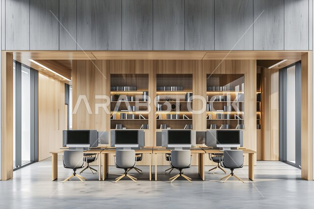 Modern modern designs for Saudi corporate offices, large glass facades in work offices, modern office equipment and elegant and comfortable furniture, upscale modern-style wooden interior designs and decorations.