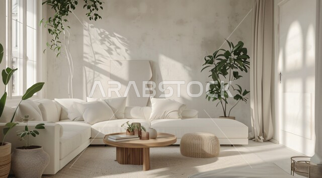 تصميم داخلي فاخر لغرفة الجلوس، الاهتمام بنباتات الزينة الخضراء، غرفة معيشة بتصاميم عصرية وأثاث منزلي أبيض راقي، ديكورات الشقق السكنية في المملكة العربية السعودية