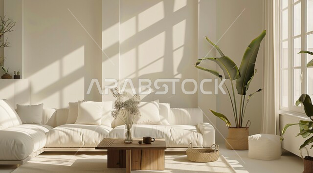 تصميم داخلي فاخر لغرفة الجلوس، الاهتمام بنباتات الزينة الخضراء، غرفة معيشة بتصاميم عصرية وأثاث منزلي أبيض راقي، ديكورات الشقق السكنية في المملكة العربية السعودية