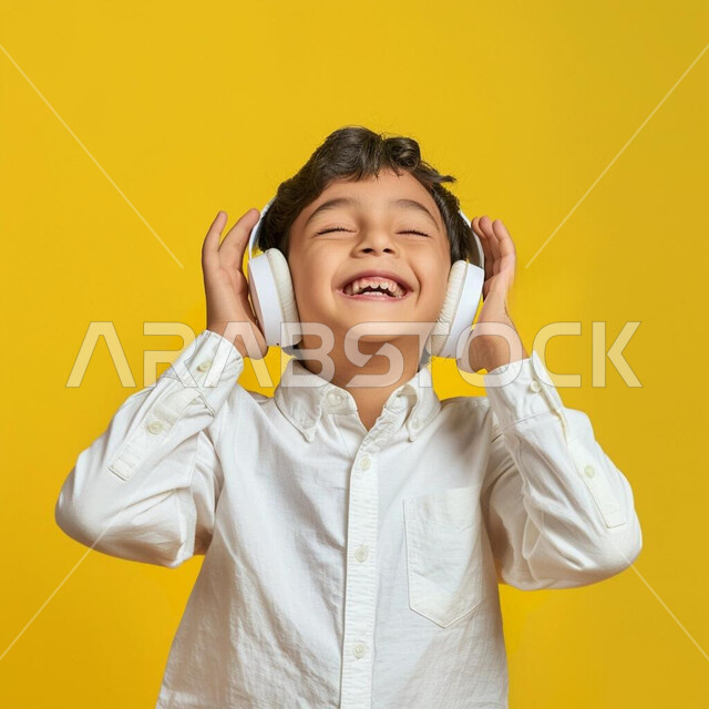مفهوم الغناء والطرب, بورتريه مقرب لولد عربي خليجي سعودي مبتسم يضع سماعة الرأس على أذنه بإيماءات السرور والسعادة، الإستماع الى الموسيقى, التفاعل والاندماج والاستمتاع والمرح، تسليه وترفيه موسيقي، خلفية صفراء