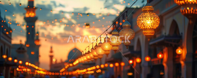 Greeting cards for Islamic religious occasions and holidays, distinctive Ramadan decorations, decorations and lights, a panoramic picture of the golden hanging lanterns illuminating the center of the city at sunset, traditional antiques to celebrate the coming of the month of goodness, the background of mosques and mosques