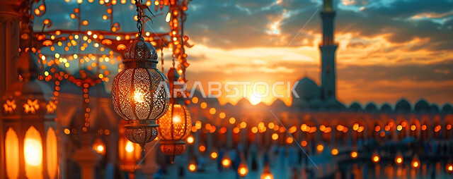 بطاقات تهنئة بالمناسبات والأعياد الدينية الإسلامية، ديكورات وزينة وأضواء رمضانية متميزة، صورة بانورامية للفوانيس الذهبية المعلقة المضيئة وسط المدينة وقت الغروب، تحف تقليدية للاحتفال بقدوم شهر الخير، خلفية المساجد والجوامع