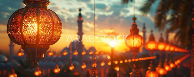 بطاقات تهنئة بالمناسبات والأعياد الدينية الإسلامية، ديكورات وزينة وأضواء رمضانية متميزة، صورة بانورامية للفوانيس الذهبية المعلقة المضيئة وسط المدينة وقت الغروب، تحف تقليدية للاحتفال بقدوم شهر الخير، خلفية المساجد والجوامع