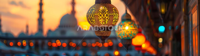 بطاقات تهنئة بالمناسبات والأعياد الدينية الإسلامية، ديكورات وزينة وأضواء رمضانية متميزة، صورة بانورامية للفوانيس الذهبية المعلقة المضيئة وسط المدينة وقت الغروب، تحف تقليدية للاحتفال بقدوم شهر الخير، خلفية المساجد والجوامع