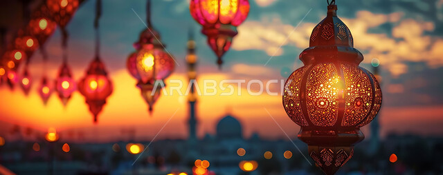 بطاقات تهنئة بالمناسبات والأعياد الدينية الإسلامية، ديكورات وزينة وأضواء رمضانية متميزة، صورة بانورامية للفوانيس الذهبية المعلقة المضيئة وسط المدينة وقت الغروب، تحف تقليدية للاحتفال بقدوم شهر الخير، خلفية المساجد والجوامع