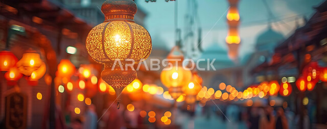 Greeting cards for Islamic religious occasions and holidays, distinctive Ramadan decorations, decorations and lights, a panoramic picture of the golden hanging lanterns illuminating the center of the city at sunset, traditional antiques to celebrate the coming of the month of goodness, the background of mosques and mosques