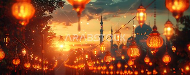 ديكورات وزينة وأضواء رمضانية متميزة، بطاقات تهنئة بالمناسبات والأعياد الدينية الإسلامية، صورة بانورامية للفوانيس الذهبية المعلقة المضيئة وسط المدينة وقت الغروب، تحف تقليدية للاحتفال بقدوم شهر الخير، خلفية المساجد والجوامع