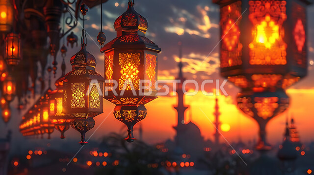 ديكورات وزينة وأضواء رمضانية متميزة، بطاقات تهنئة بالمناسبات والأعياد الدينية الإسلامية، صورة بانورامية للفوانيس الذهبية المعلقة المضيئة وسط المدينة وقت الغروب، تحف تقليدية للاحتفال بقدوم شهر الخير، خلفية المساجد والجوامع