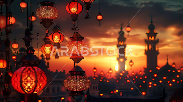 ديكورات وزينة وأضواء رمضانية متميزة، بطاقات تهنئة بالمناسبات والأعياد الدينية الإسلامية، صورة بانورامية للفوانيس الذهبية المعلقة المضيئة وسط المدينة وقت الغروب، تحف تقليدية للاحتفال بقدوم شهر الخير، خلفية المساجد والجوامع