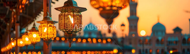 ديكورات وزينة وأضواء رمضانية متميزة، بطاقات تهنئة بالمناسبات والأعياد الدينية الإسلامية، صورة بانورامية للفوانيس الذهبية المعلقة المضيئة وسط المدينة وقت الغروب، تحف تقليدية للاحتفال بقدوم شهر الخير، خلفية المساجد والجوامع