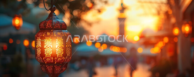 ديكورات وزينة وأضواء رمضانية متميزة، بطاقات تهنئة بالمناسبات والأعياد الدينية الإسلامية، صورة بانورامية لفانوس ذهبي معلق مضيئ وسط المدينة وقت الغروب، تحف تقليدية للاحتفال بقدوم شهر الخير، خلفية المساجد والجوامع