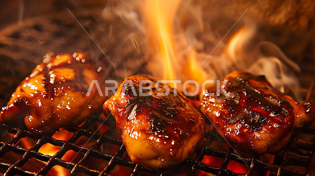 Pieces of grilled chicken inside the grill, recipes and fresh food, traditional Arabic oriental dishes, delicious hot meals, foods rich in proteins, foods and restaurants in the Kingdom of Saudi Arabia