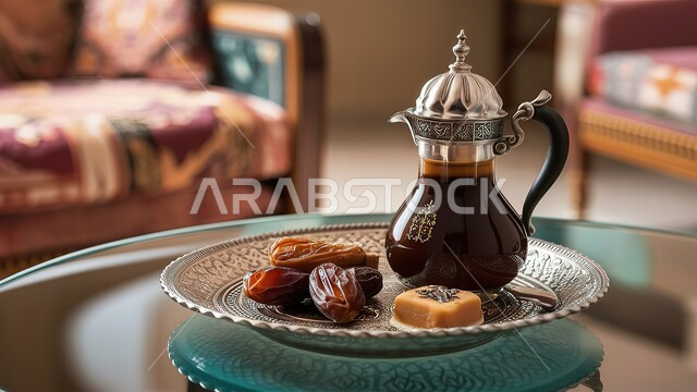 دلة قهوة عربية وتمر وحلويات، تقديم القهوة الساخنة، كرم الضيافة وحسن الاستقبال في المملكة العربية السعودية، أصالة العادات والتقاليد، المناسبات والأعياد الدينية الإسلامية، جلسات شعبية مريحة