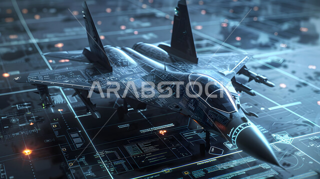 Technical and technological development and progress, Saudi future vision 2030, engineering plans and designs for future projects, three-dimensional holographic diagrams of the prototype of the jet machine, the concept of tourism and travel, moving towards the horizon