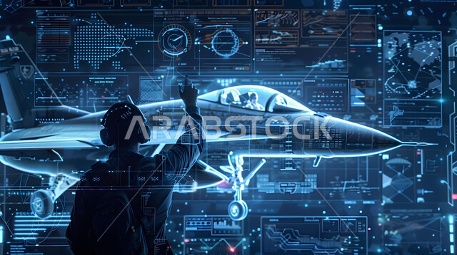 Technical and technological progress and development, Saudi future vision 2030, engineering plans and designs for future projects, a picture from behind of a man pressing three-dimensional holographic diagrams of the prototype of the jet machine, the concept of tourism and travel, moving towards the horizon