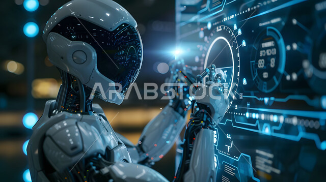 التقدم و التطور التقني والتكنولوجي, رؤية مستقبلية سعودية 2030, المخططات والتصاميم الهندسية لمشاريع المستقبل, صورة من مقربة لرجل آلي يضغط على رسوم بيانية هولوجرامية ثلاثية الابعاد للنموذج الأولي للآلة النفاثة ,مفهوم السياحة و السفر, الانطلاق نحو الأفق