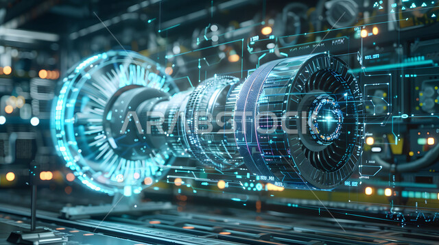 اجهزة والات الكترونيه ضخمه، رسم توضيحي ثلاثي الابعاد لمحرك نفاث متطور، نموذج مراوح كهربائية للطائرات، محرك توربيني حديث، تقدم التقنيه والتكنولوجيا، رؤيه سعوديه مستقبيله 2030