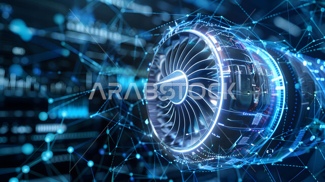Huge electronic devices and machines, a three-dimensional illustration of an advanced jet engine, a model of electric propellers for aircraft, a modern turbine engine, the progress of technology and technology, a future Saudi vision 2030