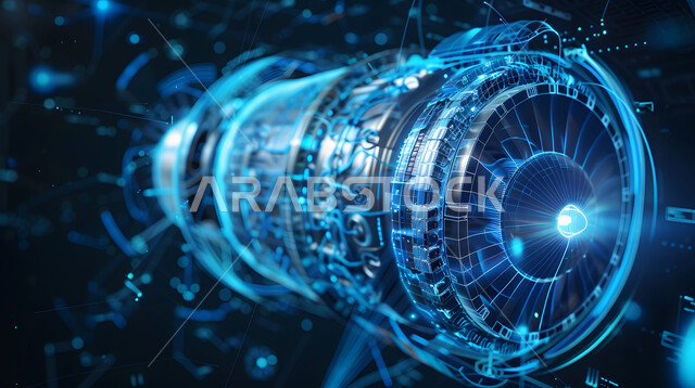 Huge electronic devices and machines, a three-dimensional illustration of an advanced jet engine, a model of electric propellers for aircraft, a modern turbine engine, the progress of technology and technology, a future Saudi vision 2030