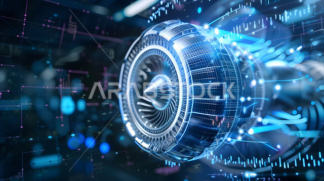 Huge electronic devices and machines, a three-dimensional illustration of an advanced jet engine, a model of electric propellers for aircraft, a modern turbine engine, the progress of technology and technology, a future Saudi vision 2030