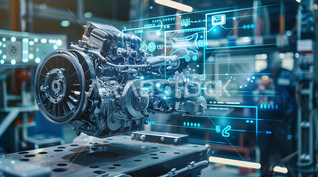 Technical and technological progress and development, Saudi future vision 2030, engineering plans and designs for future projects, three-dimensional holographic diagrams of the prototype of the car engine, the concept of the automobile industry