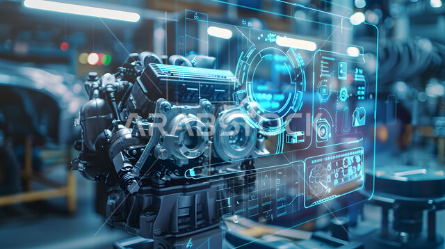 التقدم والتطور التقني والتكنولوجي, رؤية مستقبلية سعودية 2030, المخططات والتصاميم الهندسية لمشاريع المستقبل, رسوم بيانية هولوجرامية ثلاثية الابعاد للنموذج الأولي لمحرك السيارة, مفهوم صناعة السيارات