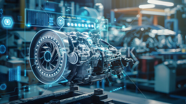 التقدم والتطور التقني والتكنولوجي, رؤية مستقبلية سعودية 2030, المخططات والتصاميم الهندسية لمشاريع المستقبل, رسوم بيانية هولوجرامية ثلاثية الابعاد للنموذج الأولي لمحرك السيارة, مفهوم صناعة السيارات