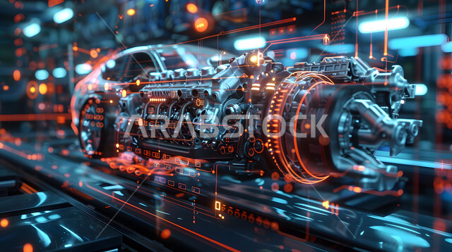 Technical and technological progress and development, Saudi future vision 2030, engineering plans and designs for future projects, three-dimensional holographic diagrams of the prototype of the car engine, the concept of the automobile industry