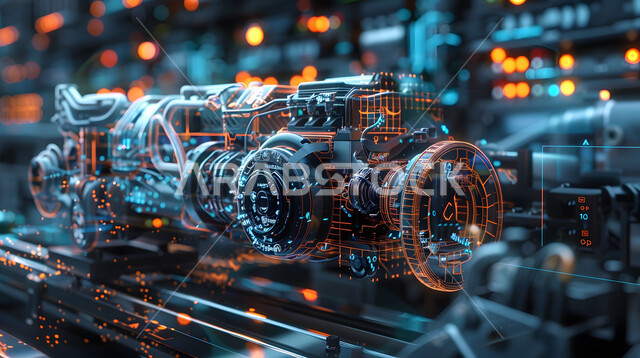 التقدم والتطور التقني والتكنولوجي, رؤية مستقبلية سعودية 2030, المخططات والتصاميم الهندسية لمشاريع المستقبل, رسوم بيانية هولوجرامية ثلاثية الابعاد للنموذج الأولي لمحرك السيارة, مفهوم صناعة السيارات