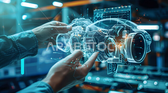 Engineering plans and designs for future projects, technical and technological progress and development, Saudi future vision 2030, a close-up image of a man’s hands merging with three-dimensional holographic diagrams of the prototype of a car engine, the concept of the automobile industry