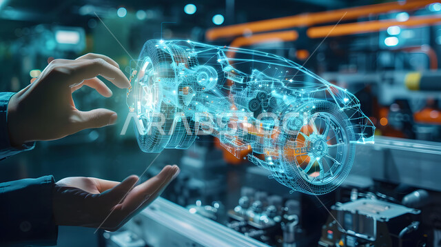 المخططات والتصاميم الهندسية لمشاريع المستقبل, التقدم والتطور التقني والتكنولوجي, رؤية مستقبلية سعودية 2030, صورة مقربة لأيدي رجل يندمج مع رسوم بيانية هولوجرامية ثلاثية الابعاد للنموذج الأولي لمحرك السيارة, مفهوم صناعة السيارات