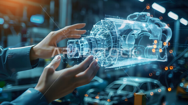 المخططات والتصاميم الهندسية لمشاريع المستقبل, التقدم والتطور التقني والتكنولوجي, رؤية مستقبلية سعودية 2030, صورة مقربة لأيدي رجل يندمج مع رسوم بيانية هولوجرامية ثلاثية الابعاد للنموذج الأولي لمحرك السيارة, مفهوم صناعة السيارات