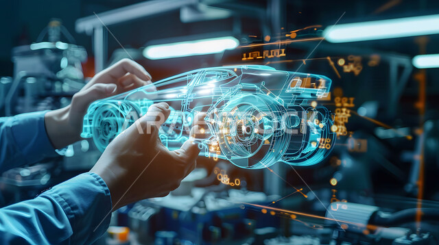 Engineering plans and designs for future projects, technical and technological progress and development, Saudi future vision 2030, a close-up of a man’s hands merging with three-dimensional holographic diagrams of the prototype of the car’s body, the concept of the automobile industry