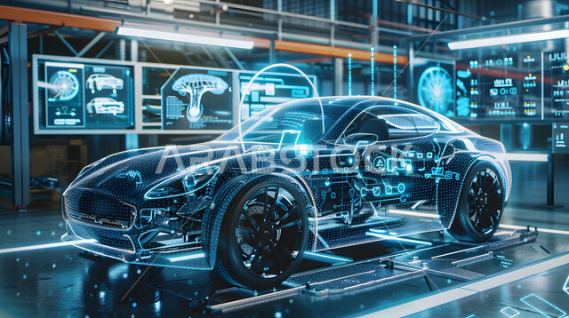 التصاميم الهندسية والمخططات لمشاريع المستقبل, التطور و التقدم التقني والتكنولوجي, رؤية مستقبلية سعودية 2030, رسوم بيانية هولوجرامية ثلاثية الابعاد للنموذج الأولي لهيكل السيارة, مفهوم صناعة السيارات