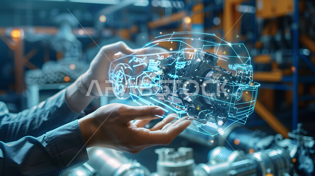 رؤية مستقبلية سعودية 2030, المخططات والتصاميم الهندسية لمشاريع المستقبل, التقدم والتطور التقني والتكنولوجي, صورة مقربة لأيدي رجل يتفاعل ويندمج مع رسوم بيانية هولوجرامية ثلاثية الابعاد للنموذج الأولي لهيكل السيارة, مفهوم صناعة السيارات