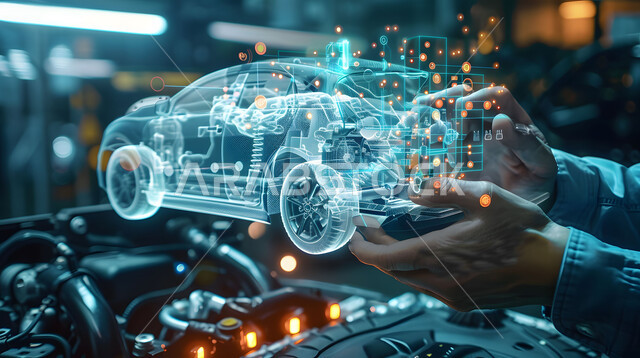 رؤية مستقبلية سعودية 2030, المخططات والتصاميم الهندسية لمشاريع المستقبل, التقدم والتطور التقني والتكنولوجي, صورة مقربة لأيدي رجل يتفاعل ويندمج مع رسوم بيانية هولوجرامية ثلاثية الابعاد للنموذج الأولي لهيكل السيارة, مفهوم صناعة السيارات