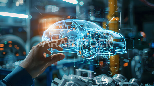 رؤية مستقبلية سعودية 2030, المخططات والتصاميم الهندسية لمشاريع المستقبل, التقدم والتطور التقني والتكنولوجي, صورة مقربة لأيدي رجل يتفاعل ويندمج مع رسوم بيانية هولوجرامية ثلاثية الابعاد للنموذج الأولي لهيكل السيارة, مفهوم صناعة السيارات