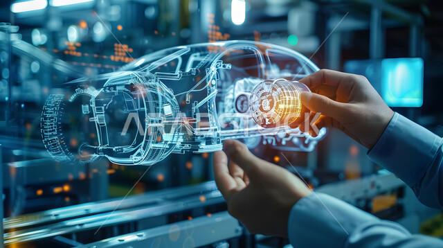 رؤية مستقبلية سعودية 2030, المخططات والتصاميم الهندسية لمشاريع المستقبل, التقدم والتطور التقني والتكنولوجي, صورة مقربة لأيدي رجل يتفاعل ويندمج مع رسوم بيانية هولوجرامية ثلاثية الابعاد للنموذج الأولي لهيكل السيارة, مفهوم صناعة السيارات
