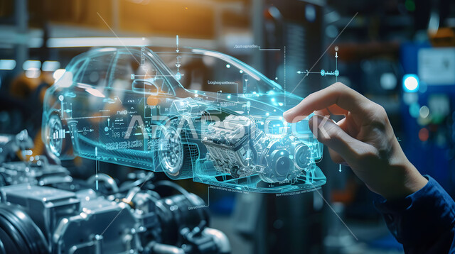 رؤية مستقبلية سعودية 2030, المخططات والتصاميم الهندسية لمشاريع المستقبل, التقدم والتطور التقني والتكنولوجي, صورة مقربة لأيدي رجل يتفاعل ويندمج مع رسوم بيانية هولوجرامية ثلاثية الابعاد للنموذج الأولي لهيكل السيارة, مفهوم صناعة السيارات