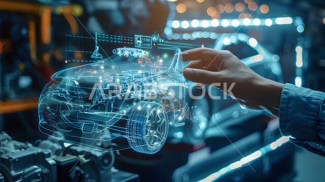 رؤية مستقبلية سعودية 2030, المخططات والتصاميم الهندسية لمشاريع المستقبل, التقدم والتطور التقني والتكنولوجي, صورة مقربة لأيدي رجل يتفاعل ويندمج مع رسوم بيانية هولوجرامية ثلاثية الابعاد للنموذج الأولي لهيكل السيارة, مفهوم صناعة السيارات