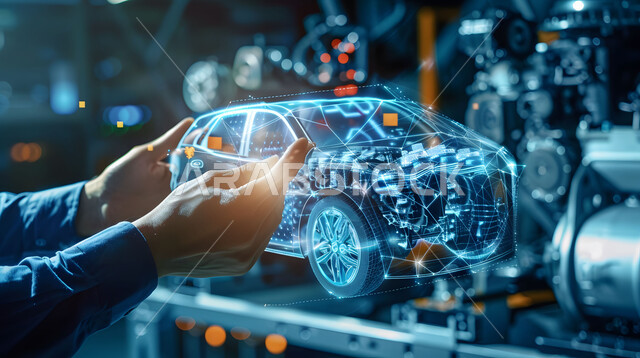 رؤية مستقبلية سعودية 2030, المخططات والتصاميم الهندسية لمشاريع المستقبل, التقدم والتطور التقني والتكنولوجي, صورة مقربة لأيدي رجل يتفاعل ويندمج مع رسوم بيانية هولوجرامية ثلاثية الابعاد للنموذج الأولي لهيكل السيارة, مفهوم صناعة السيارات