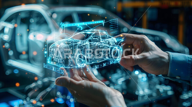 Saudi future vision 2030, engineering plans and designs for future projects, technical and technological progress and development, a close-up of a man’s hands interacting and merging with three-dimensional holographic diagrams of the prototype of the car’s body, the concept of the automobile industry
