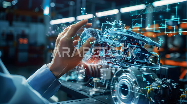 مفهوم صناعة السيارات، المخططات والتصاميم الهندسية لمشاريع المستقبل, التقدم والتطور التقني والتكنولوجي, صورة مقربة لأيدي رجل يتفاعل ويندمج مع رسوم بيانية هولوجرامية ثلاثية الابعاد للنموذج الأولي لهيكل السيارة, رؤية مستقبلية سعودية 2030