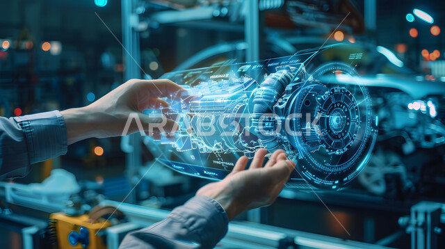 مفهوم صناعة السيارات، المخططات والتصاميم الهندسية لمشاريع المستقبل, التقدم والتطور التقني والتكنولوجي, صورة مقربة لأيدي رجل يتفاعل ويندمج مع رسوم بيانية هولوجرامية ثلاثية الابعاد للنموذج الأولي لهيكل السيارة, رؤية مستقبلية سعودية 2030