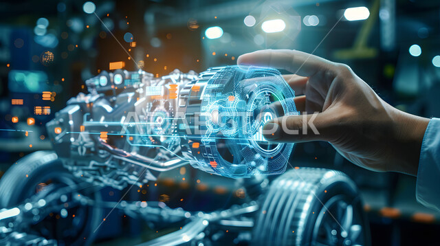 مفهوم صناعة السيارات، المخططات والتصاميم الهندسية لمشاريع المستقبل, التقدم والتطور التقني والتكنولوجي, صورة مقربة لأيدي رجل يتفاعل ويندمج مع رسوم بيانية هولوجرامية ثلاثية الابعاد للنموذج الأولي لهيكل السيارة, رؤية مستقبلية سعودية 2030