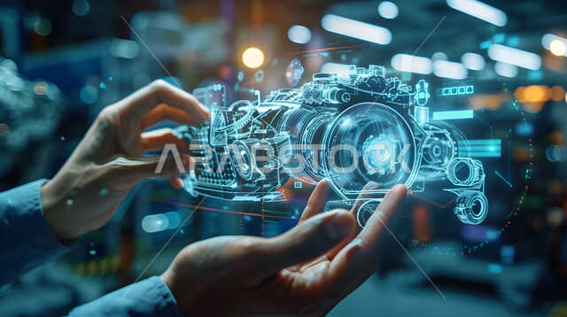 مفهوم صناعة السيارات، المخططات والتصاميم الهندسية لمشاريع المستقبل, التقدم والتطور التقني والتكنولوجي, صورة مقربة لأيدي رجل يتفاعل ويندمج مع رسوم بيانية هولوجرامية ثلاثية الابعاد للنموذج الأولي لهيكل السيارة, رؤية مستقبلية سعودية 2030